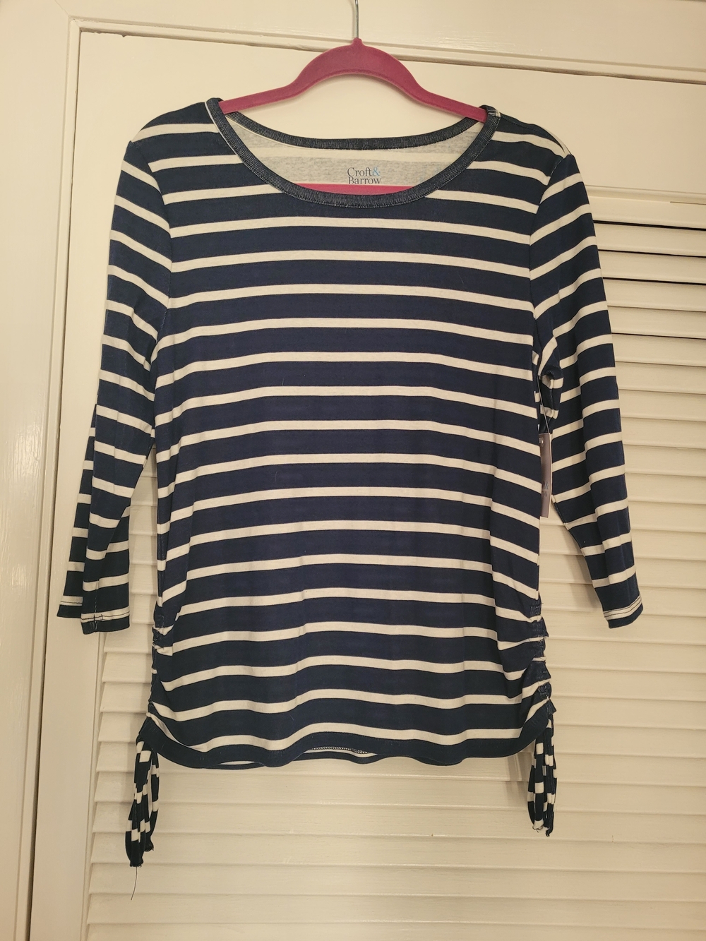 Croft & Barrow Navy and White Striped Tie-Hem Boatneck Top